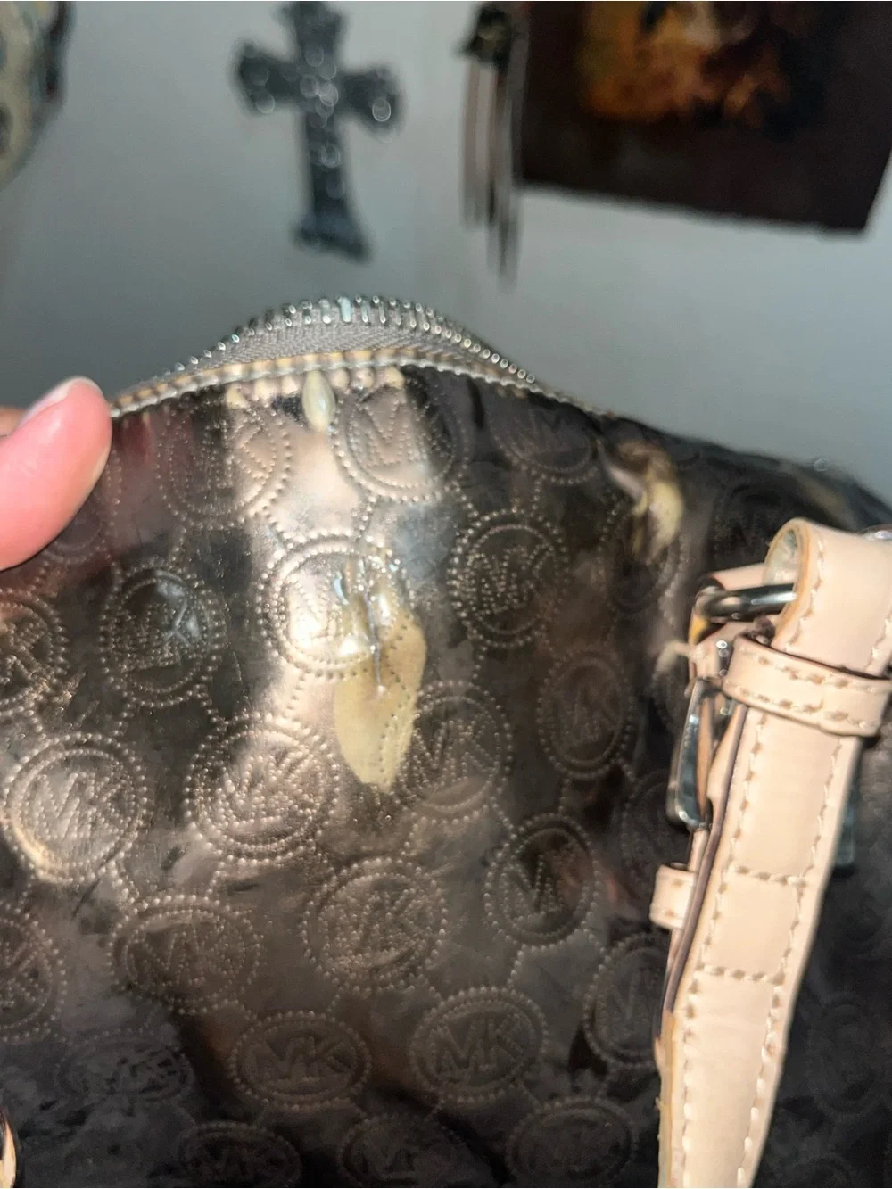 Michael Kors Black Logo-Embossed Satchel with Pale Pink Handles